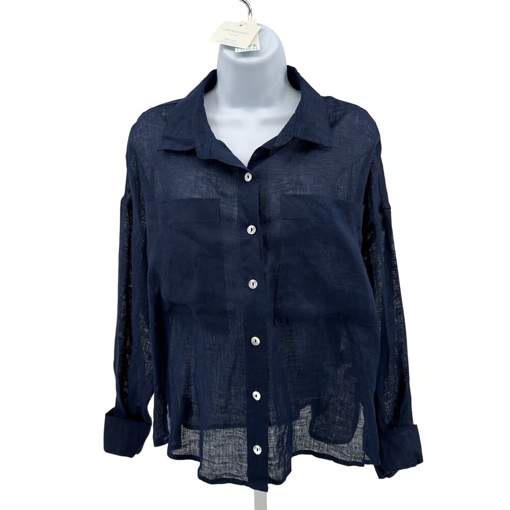 Cynthia Rowley 100% Linen Shirt WMNS L Blue Navy Long Sleeve Button Front Sheer